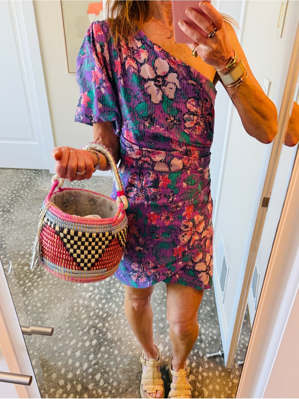Star Mela Handwoven Basket Bucket Tote with Pink and Red Accents